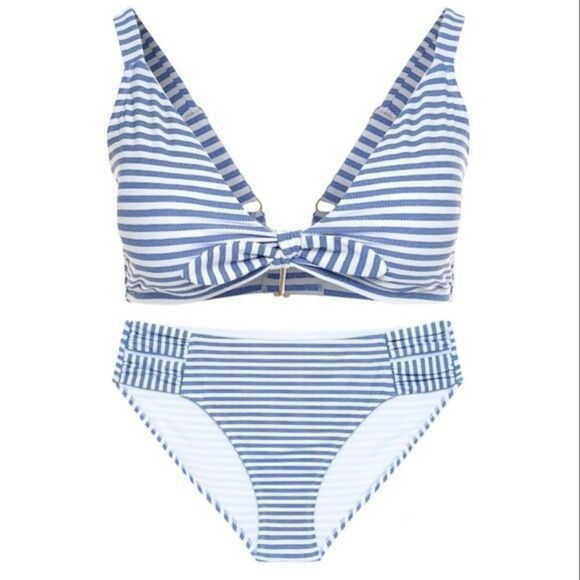 Women's Plus Size Cutout Side Bikini Top & Bottoms Blue Stripe   XXL. - Picture 1 of 9